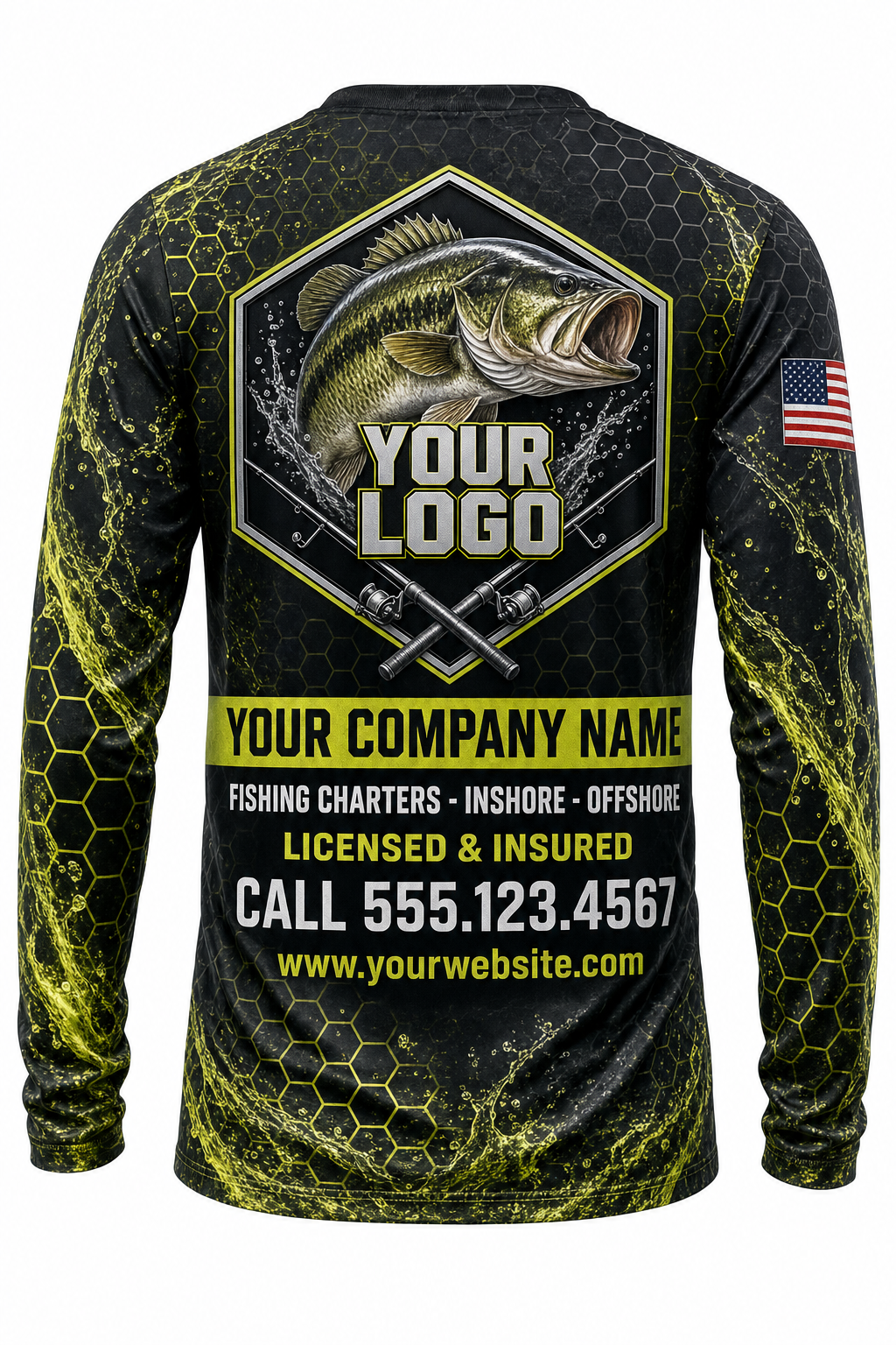 Bass Tournament Custom Fishing Team Uniform - back view, custom company logo all-over-print uniform