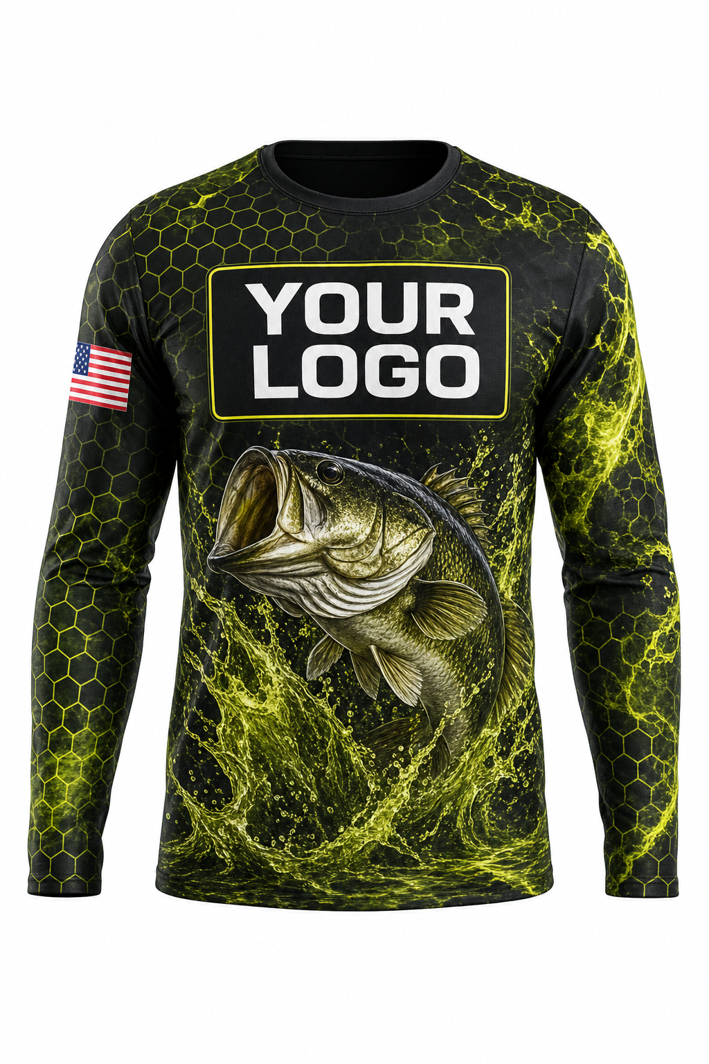 Bass Tournament Custom Fishing Team Uniform - front view, custom company logo all-over-print uniform