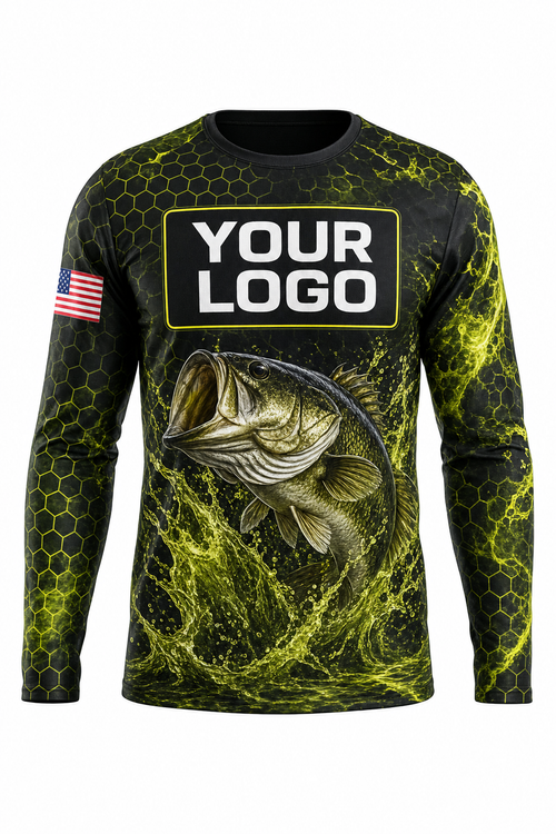 Bass Tournament Custom Fishing Team Uniform - front view, custom company logo all-over-print uniform