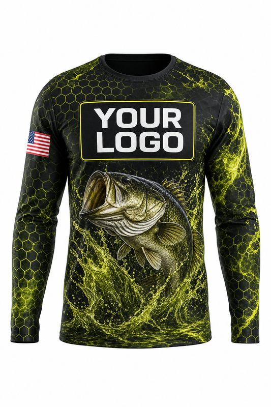 Bass Tournament Custom Fishing Team Uniform - front view, custom company logo all-over-print uniform