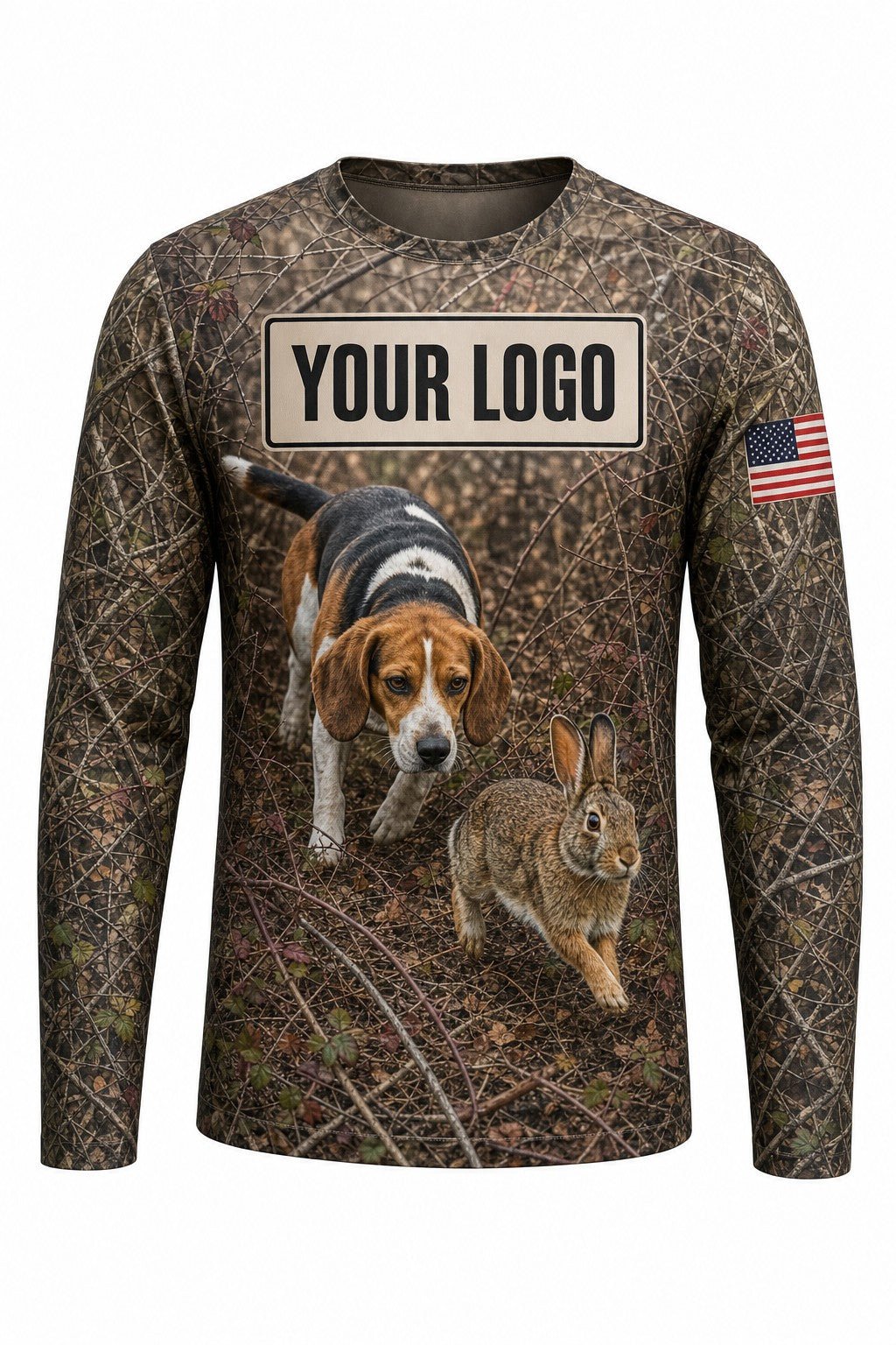 Beagle Rabbit Custom Hunting Team Uniform - front view, custom company logo all-over-print uniform