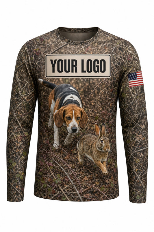 Beagle Rabbit Custom Hunting Team Uniform - front view, custom company logo all-over-print uniform