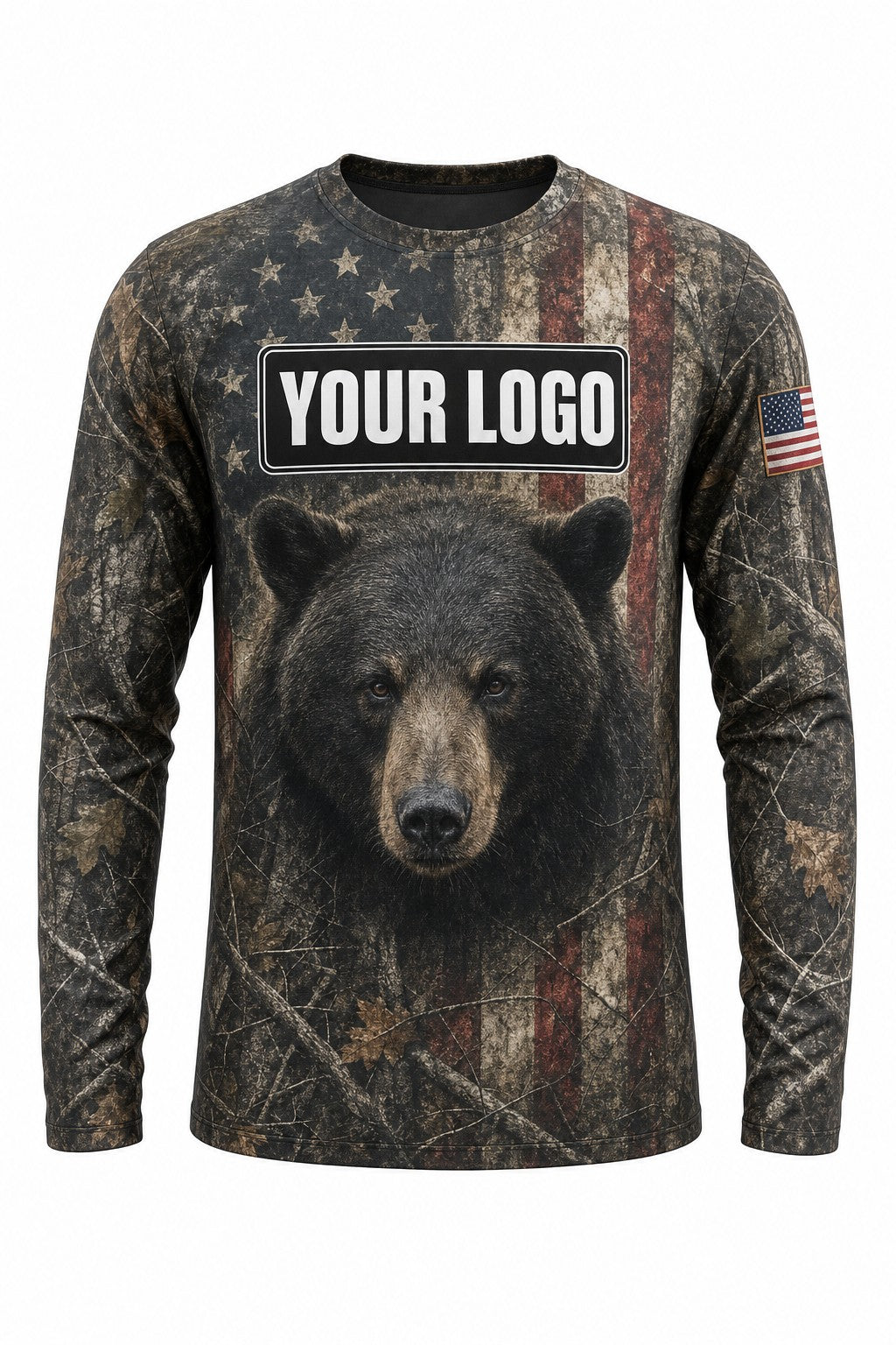Bear Flag Custom Hunting Team Uniform - front view, custom company logo all-over-print uniform