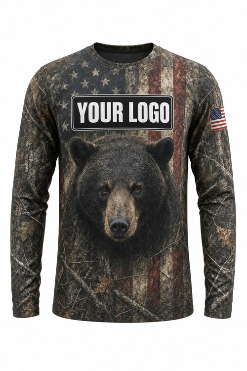 Bear Flag Custom Hunting Team Uniform - front view, custom company logo all-over-print uniform