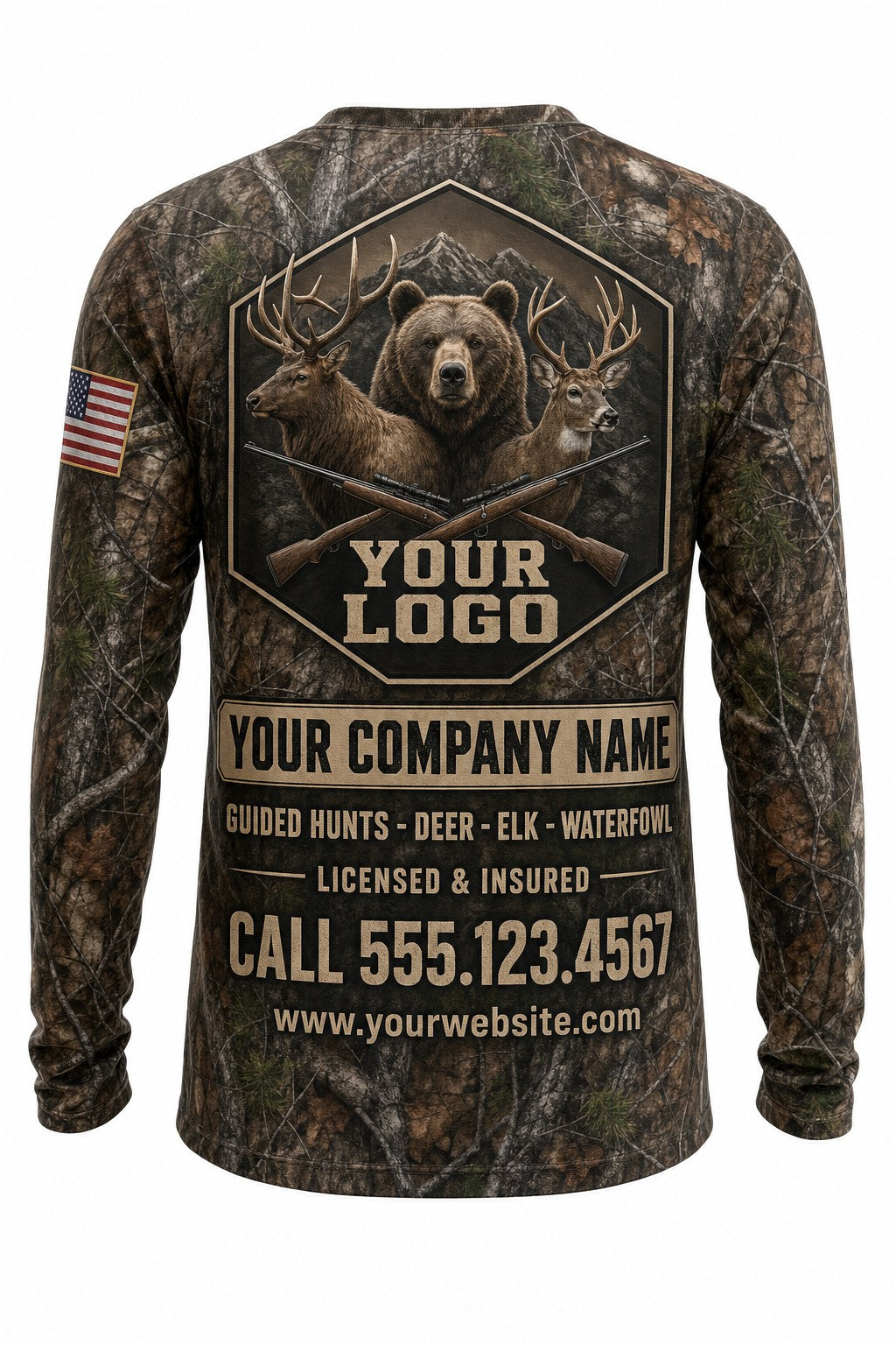 Big Game Slam Custom Hunting Team Uniform - back view, custom company logo all-over-print uniform