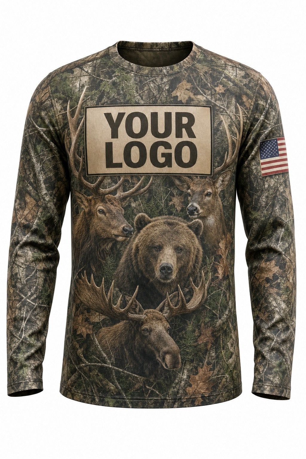 Big Game Slam Custom Hunting Team Uniform - front view, custom company logo all-over-print uniform