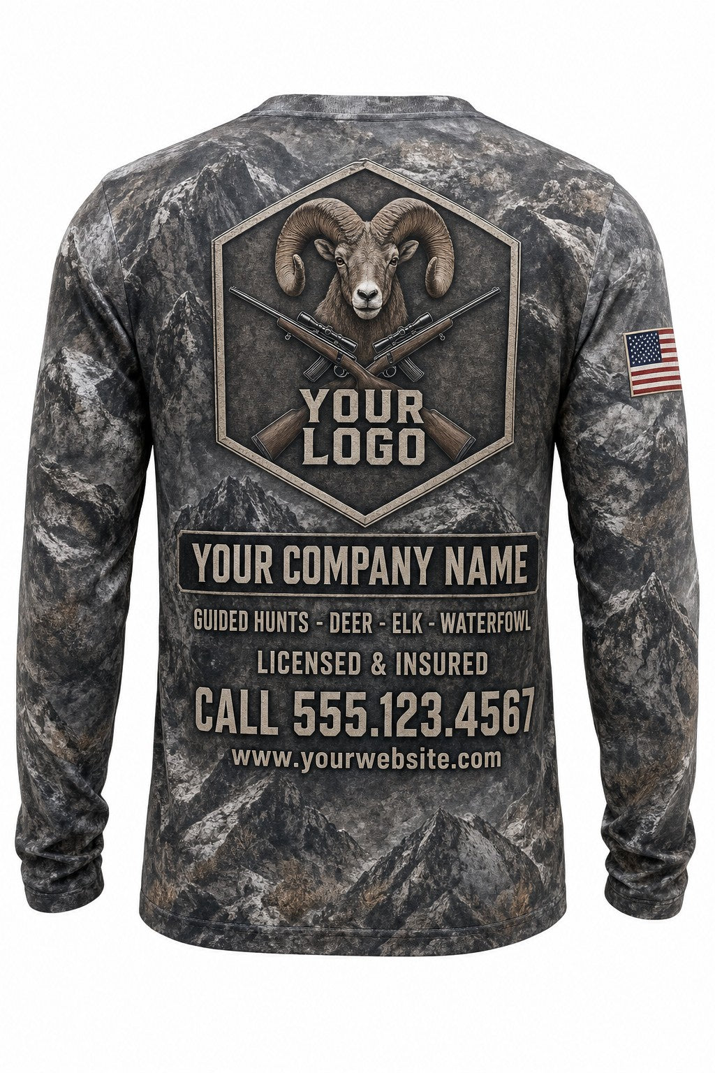 Bighorn Sheep Custom Hunting Team Uniform - back view, custom company logo all-over-print uniform