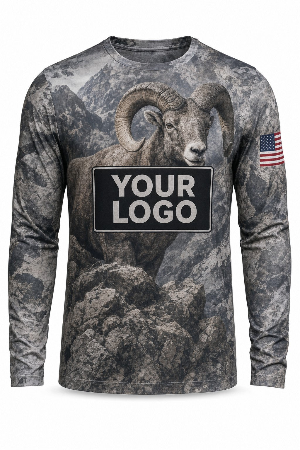 Bighorn Sheep Custom Hunting Team Uniform - front view, custom company logo all-over-print uniform