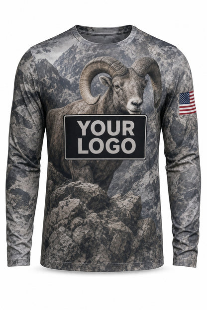 Bighorn Sheep Custom Hunting Team Uniform - front view, custom company logo all-over-print uniform