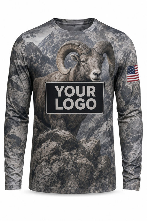 Bighorn Sheep Custom Hunting Team Uniform - front view, custom company logo all-over-print uniform