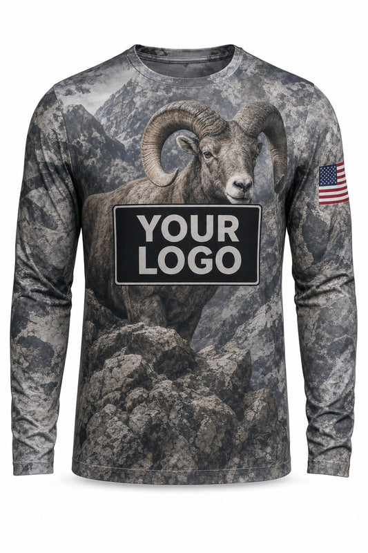 Bighorn Sheep Custom Hunting Team Uniform - front view, custom company logo all-over-print uniform