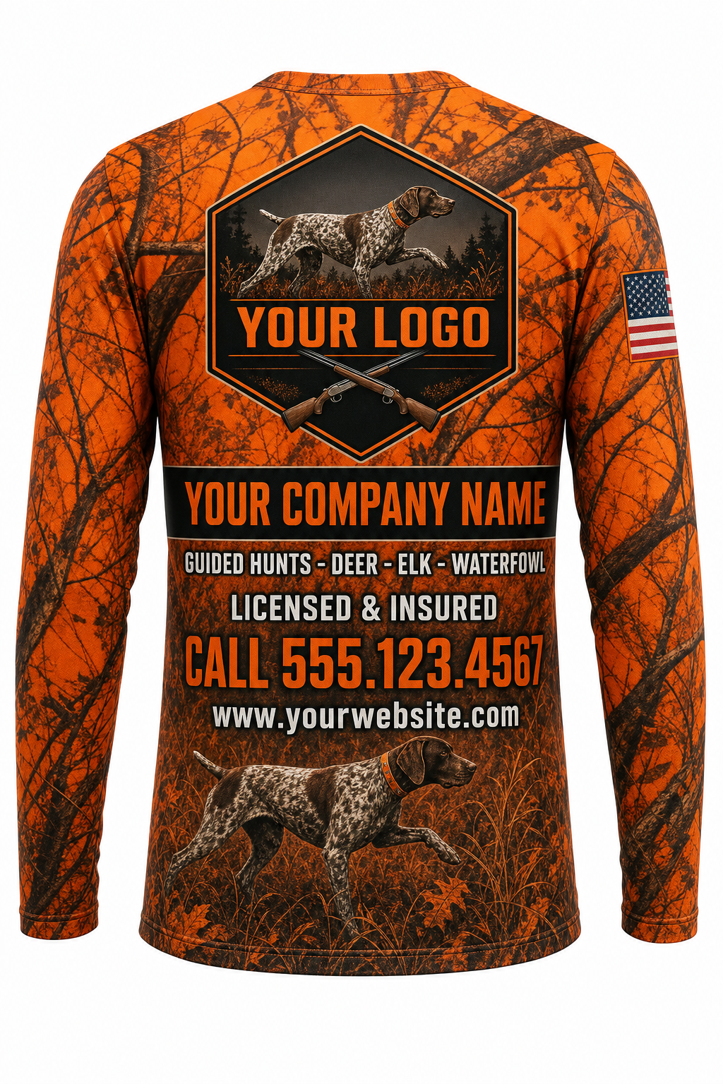 Bird Dog Pointer Custom Hunting Team Uniform - back view, custom company logo all-over-print uniform