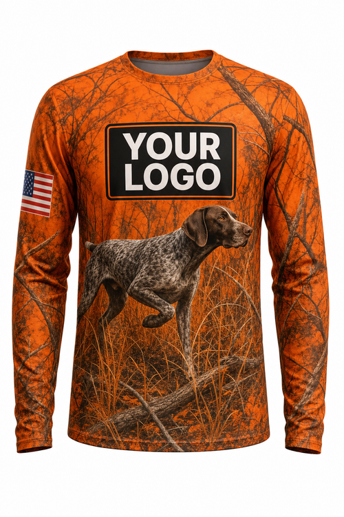Bird Dog Pointer Custom Hunting Team Uniform - front view, custom company logo all-over-print uniform