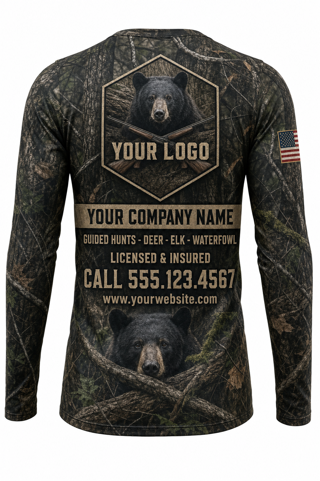 Black Bear Custom Hunting Team Uniform - back view, custom company logo all-over-print uniform