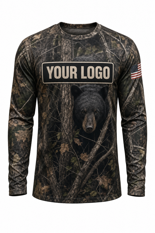 Black Bear Custom Hunting Team Uniform - front view, custom company logo all-over-print uniform