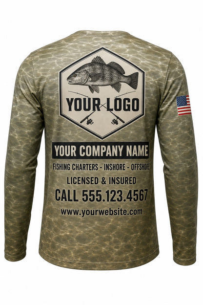 Black Drum Custom Fishing Team Uniform - back view, custom company logo all-over-print uniform