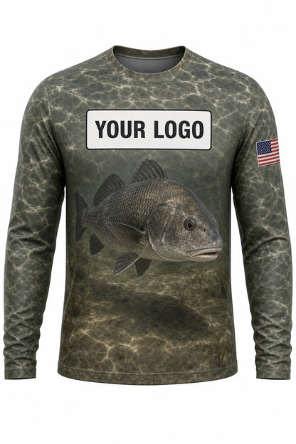 Black Drum Custom Fishing Team Uniform - front view, custom company logo all-over-print uniform