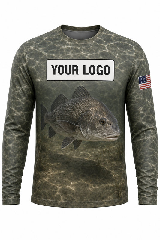 Black Drum Custom Fishing Team Uniform - front view, custom company logo all-over-print uniform
