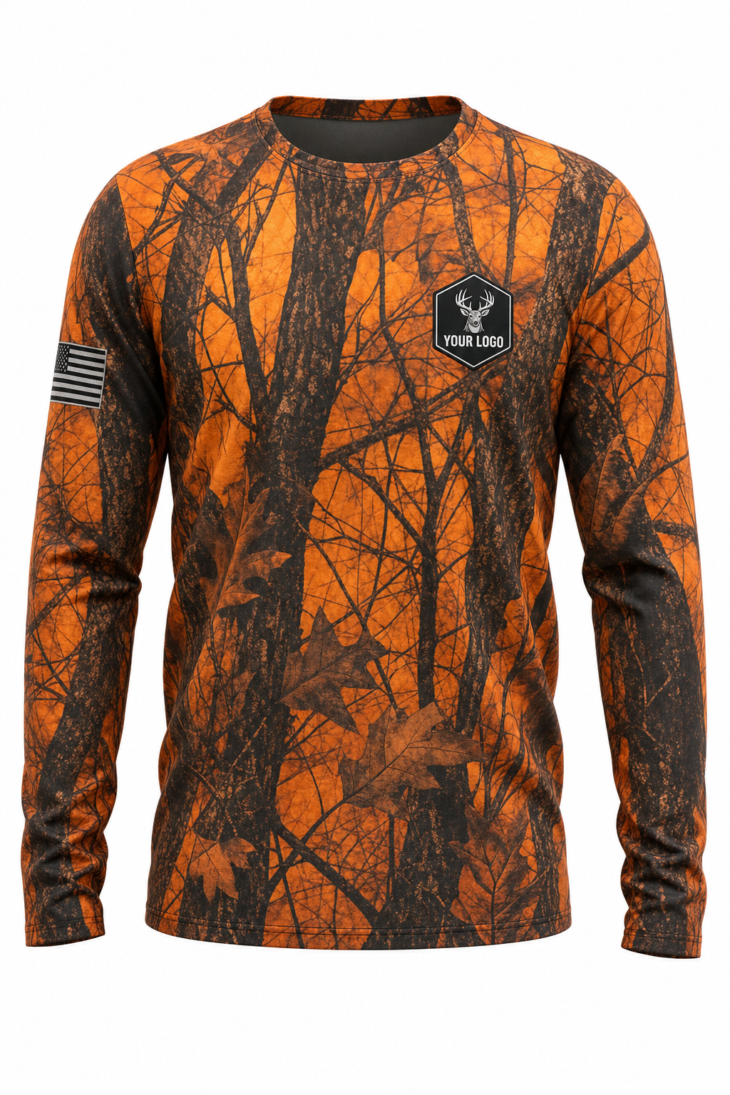 Buck Guide Crew Shirt in blaze camo, front view - custom company logo hunting crew uniform long sleeve