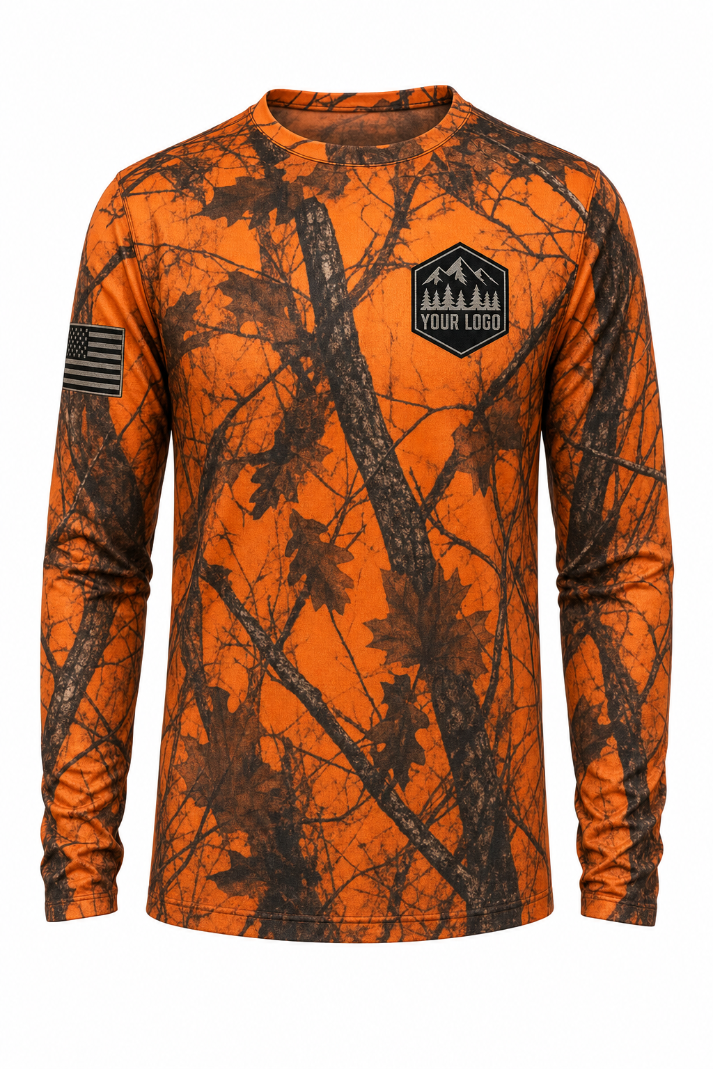 Camo Texture Guide Crew Shirt in blaze camo, front view - custom company logo hunting crew uniform long sleeve