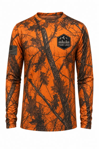 Camo Texture Guide Crew Shirt in blaze camo, front view - custom company logo hunting crew uniform long sleeve