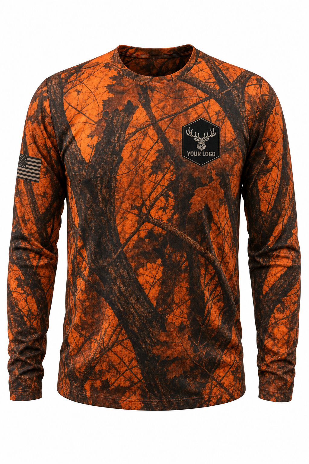 Elk Guide Crew Shirt in blaze camo, front view - custom company logo hunting crew uniform long sleeve
