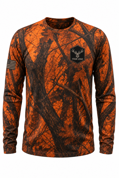 Elk Guide Crew Shirt in blaze camo, front view - custom company logo hunting crew uniform long sleeve
