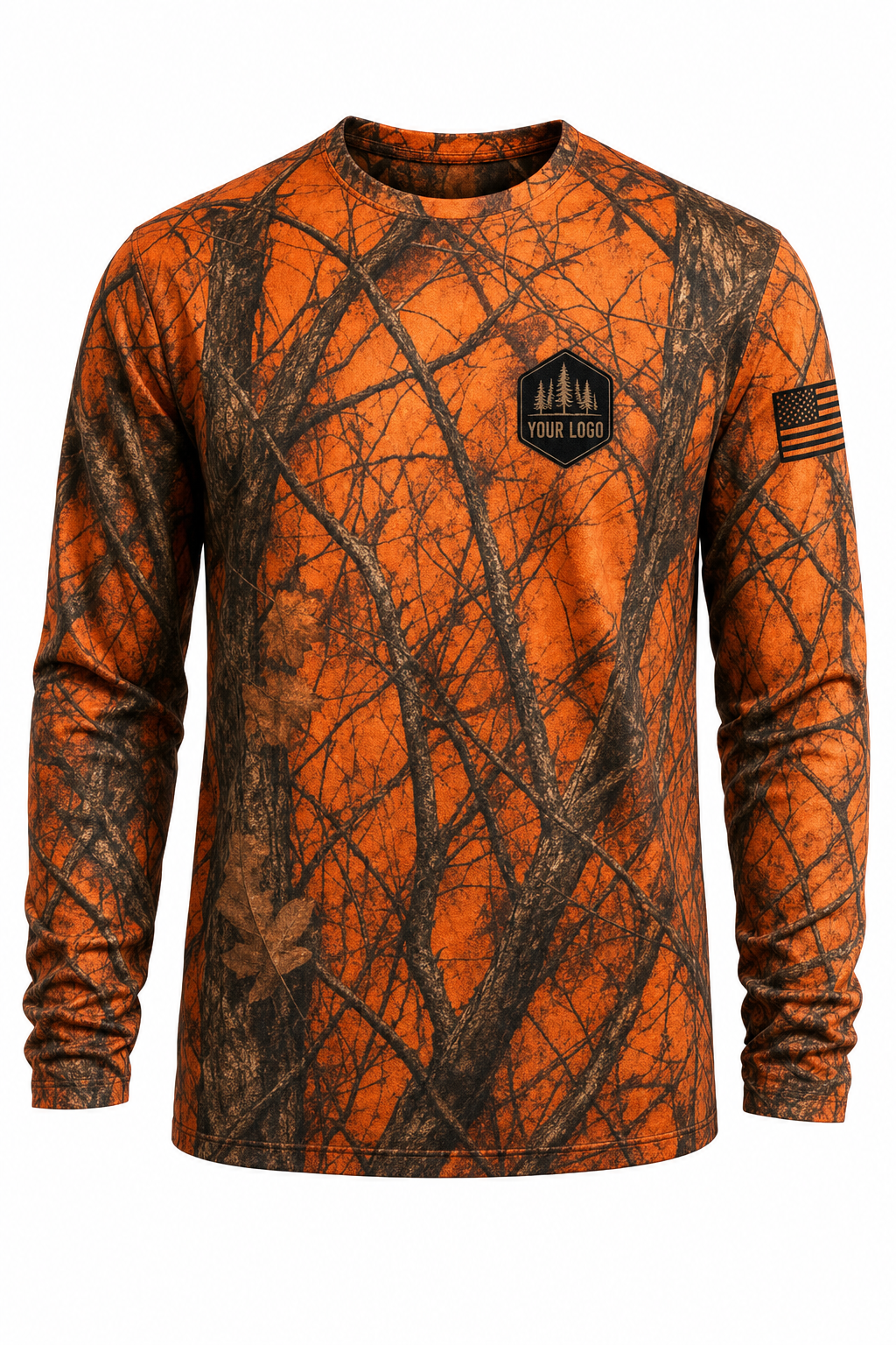 Pine Forest Guide Crew Shirt in blaze camo, front view - custom company logo hunting crew uniform long sleeve