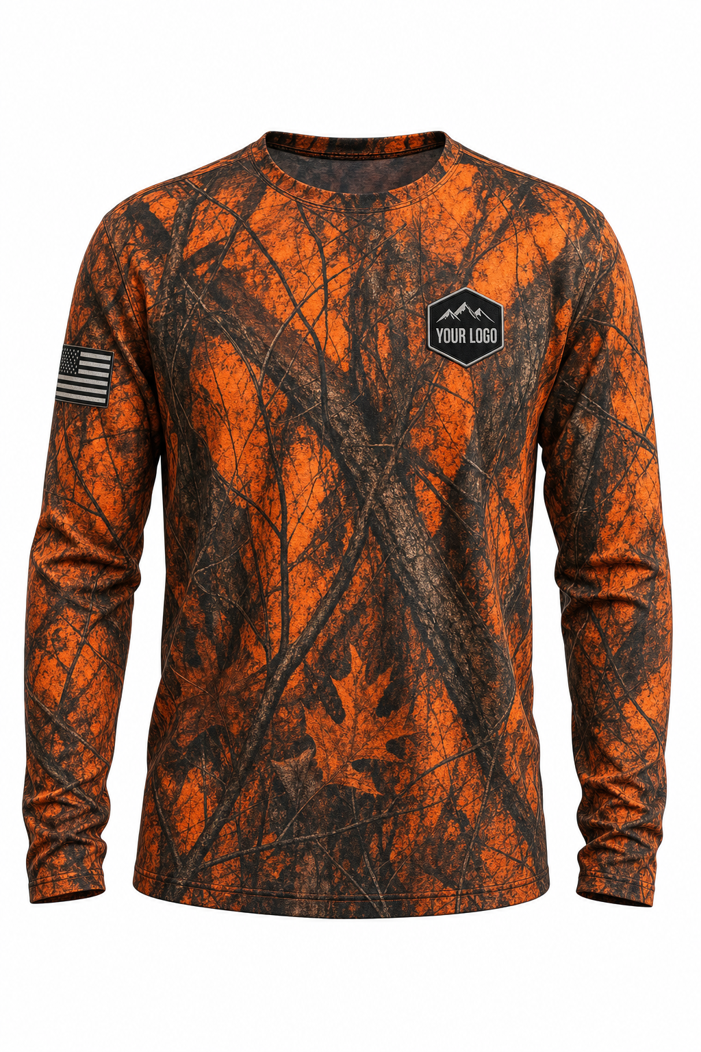 Mountain Ridge Guide Crew Shirt in blaze camo, front view - custom company logo hunting crew uniform long sleeve