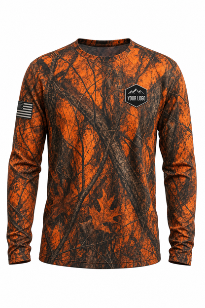Mountain Ridge Guide Crew Shirt in blaze camo, front view - custom company logo hunting crew uniform long sleeve