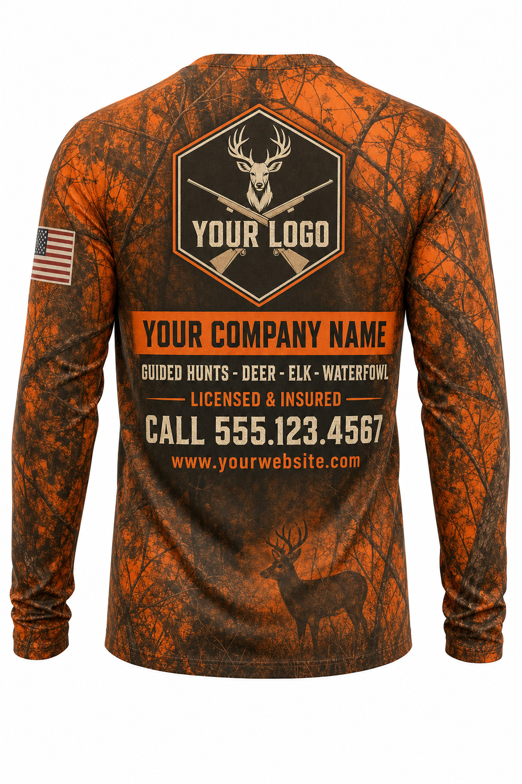 Blaze Safety Camo Custom Hunting Team Uniform - back view, custom company logo all-over-print uniform