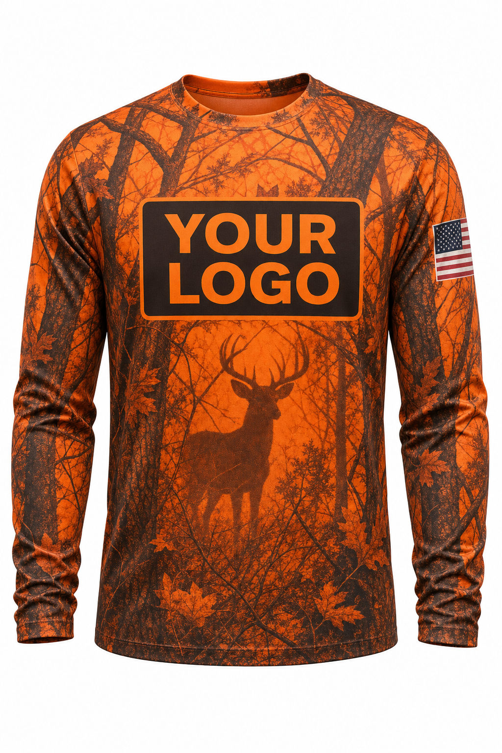 Blaze Safety Camo Custom Hunting Team Uniform - front view, custom company logo all-over-print uniform
