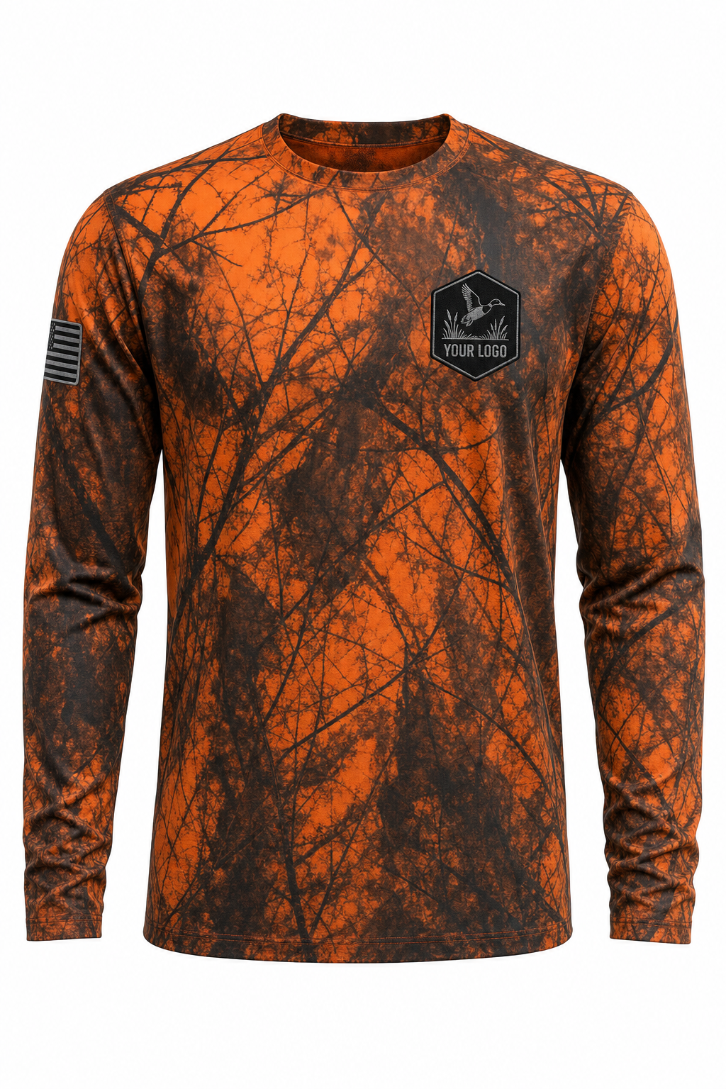 Waterfowl Guide Crew Shirt in blaze camo, front view - custom company logo hunting crew uniform long sleeve