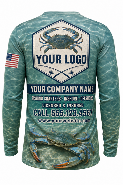 Blue Crab Custom Fishing Team Uniform - back view, custom company logo all-over-print uniform