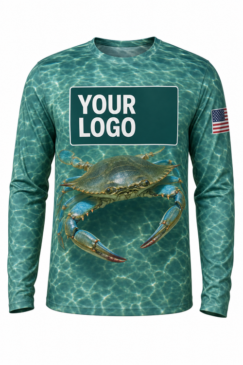 Blue Crab Custom Fishing Team Uniform - front view, custom company logo all-over-print uniform
