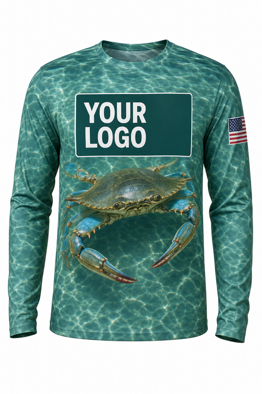 Blue Crab Custom Fishing Team Uniform - front view, custom company logo all-over-print uniform