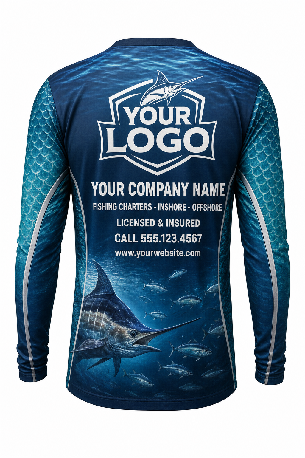 Blue Marlin Fishing Charter Crew Uniform - custom company logo all-over-print uniform