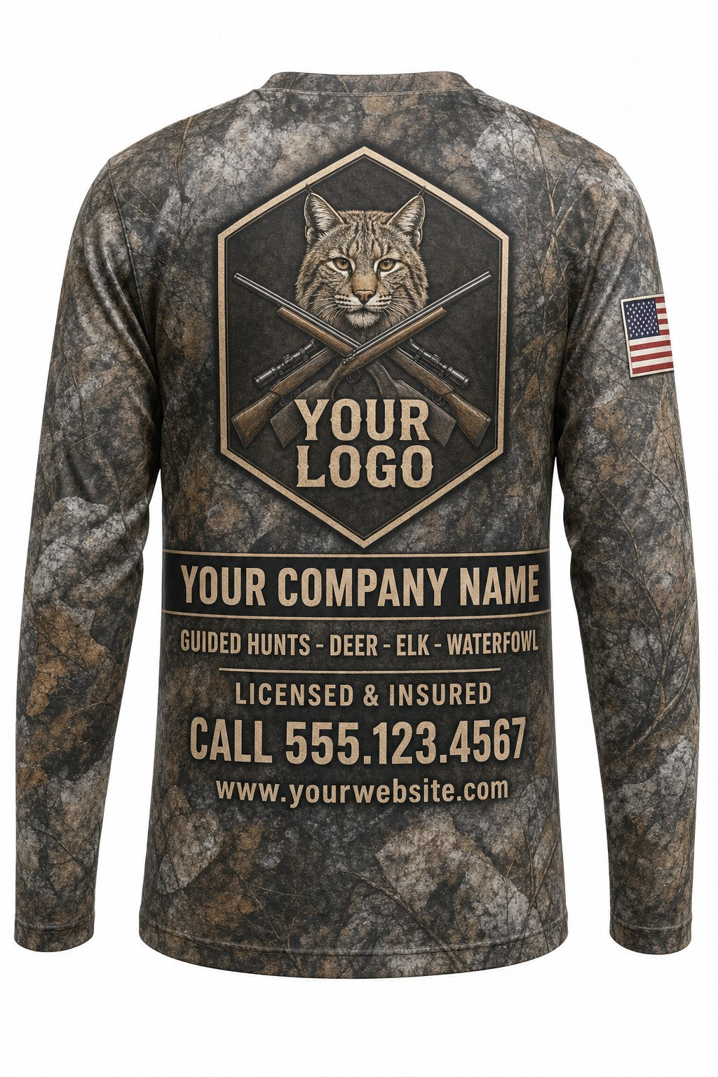 Bobcat Predator Custom Hunting Team Uniform - back view, custom company logo all-over-print uniform