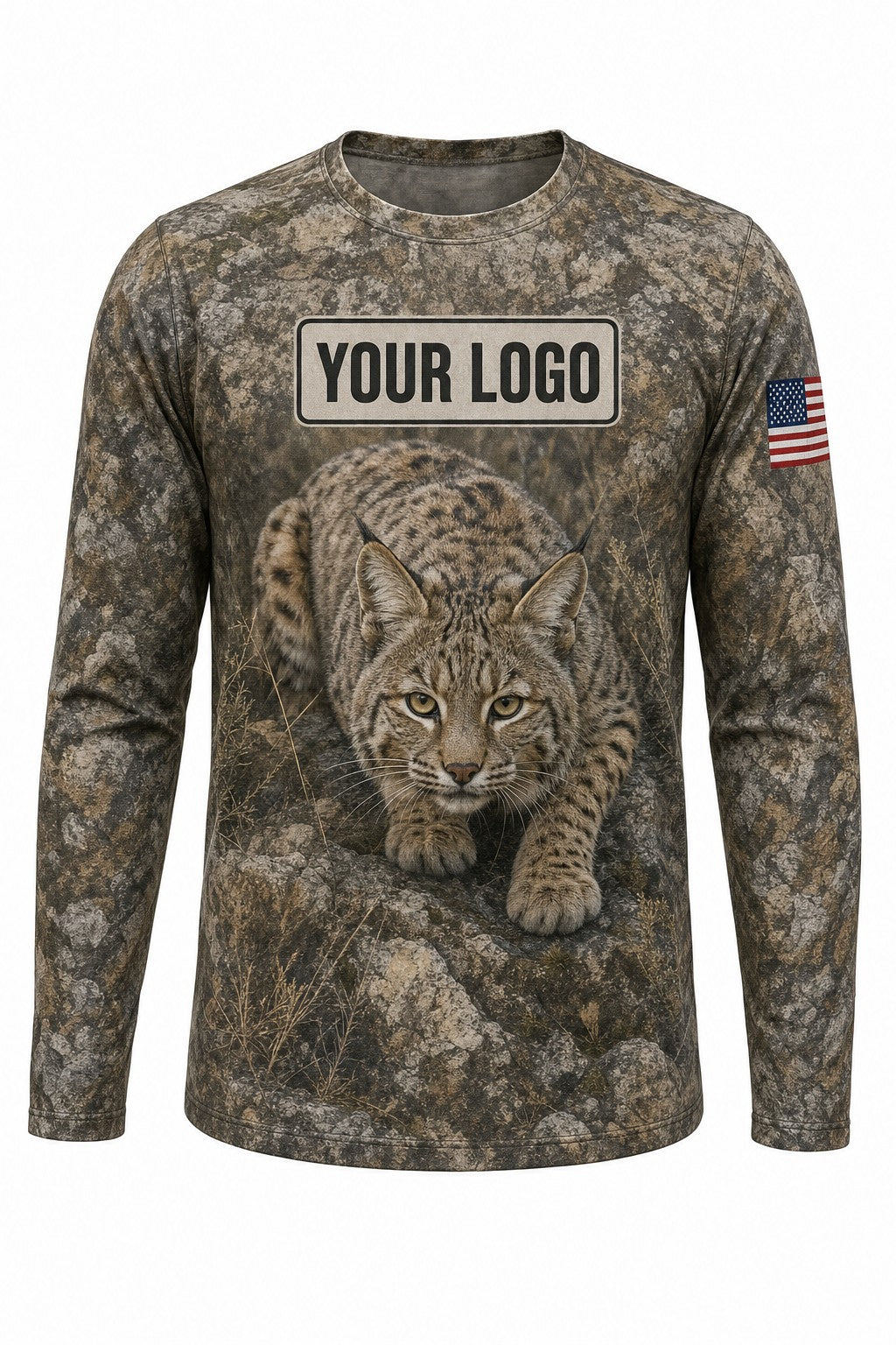 Bobcat Predator Custom Hunting Team Uniform - front view, custom company logo all-over-print uniform