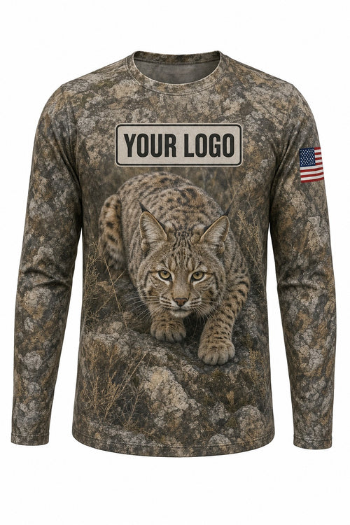 Bobcat Predator Custom Hunting Team Uniform - front view, custom company logo all-over-print uniform
