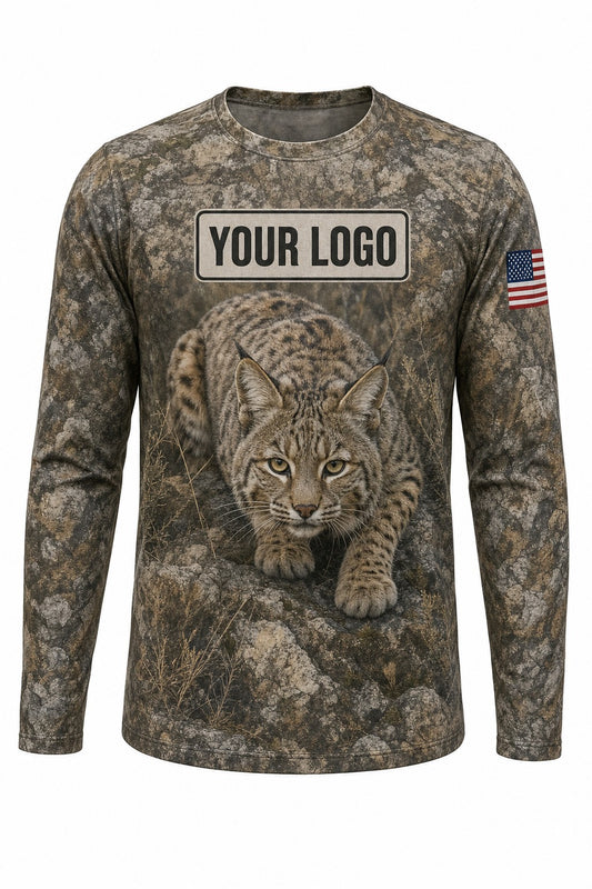 Bobcat Predator Custom Hunting Team Uniform - front view, custom company logo all-over-print uniform