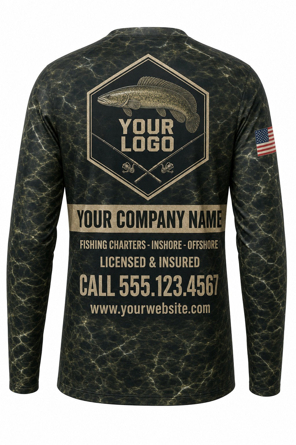 Bowfin Custom Fishing Team Uniform - back view, custom company logo all-over-print uniform