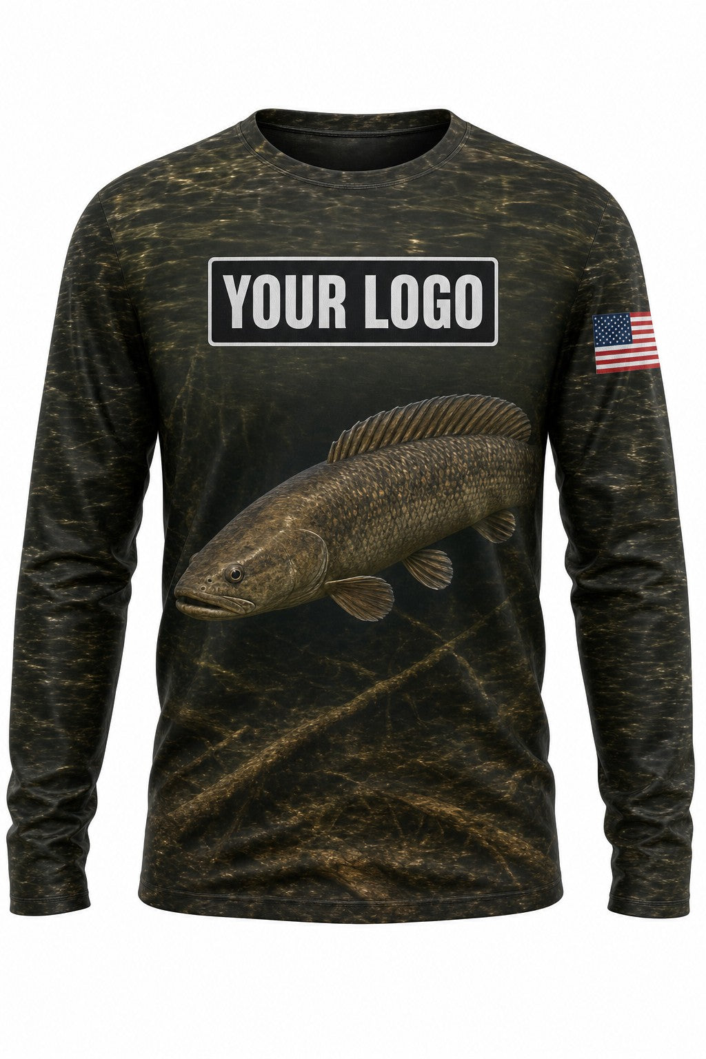 Bowfin Custom Fishing Team Uniform - front view, custom company logo all-over-print uniform