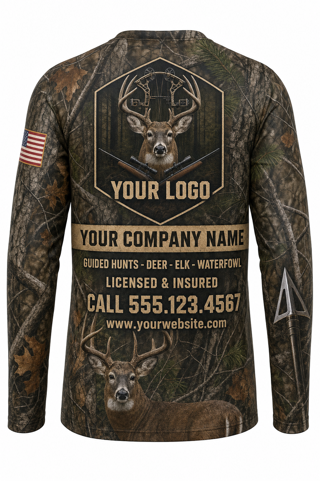 Bowhunter Deer Custom Hunting Team Uniform - back view, custom company logo all-over-print uniform