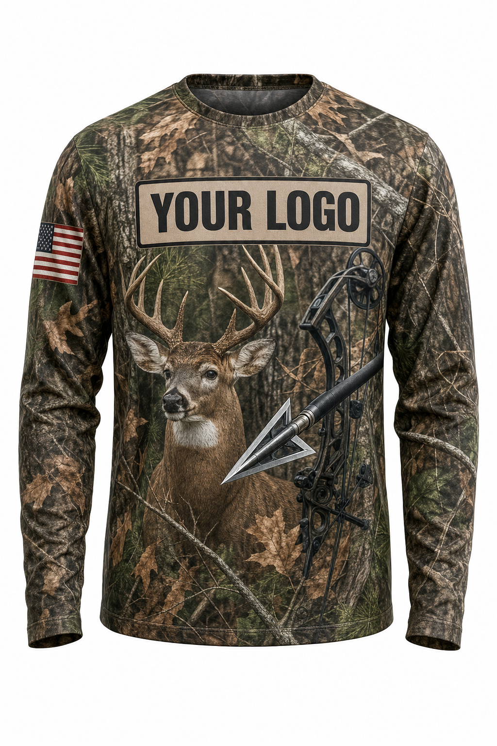 Bowhunter Deer Custom Hunting Team Uniform - front view, custom company logo all-over-print uniform