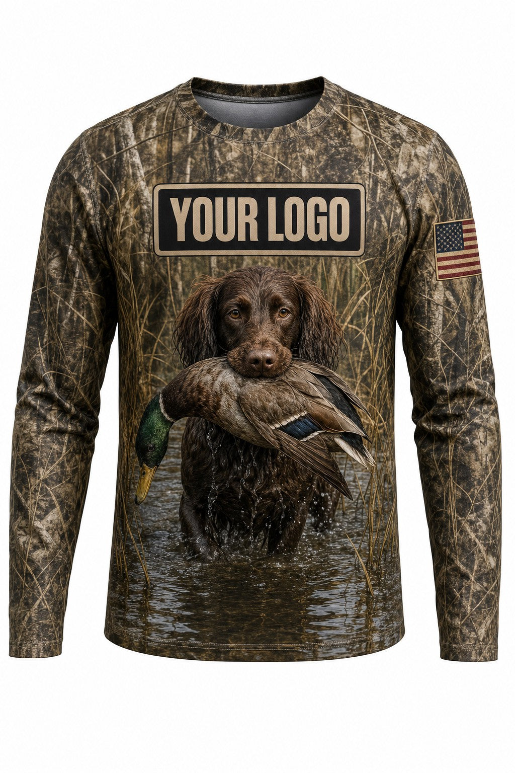 Boykin Spaniel Duck Custom Hunting Team Uniform - front view, custom company logo all-over-print uniform