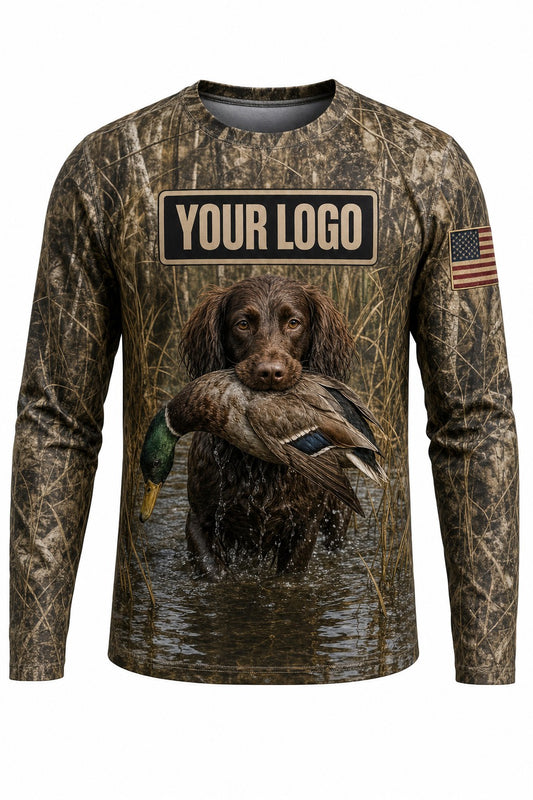 Boykin Spaniel Duck Custom Hunting Team Uniform - front view, custom company logo all-over-print uniform