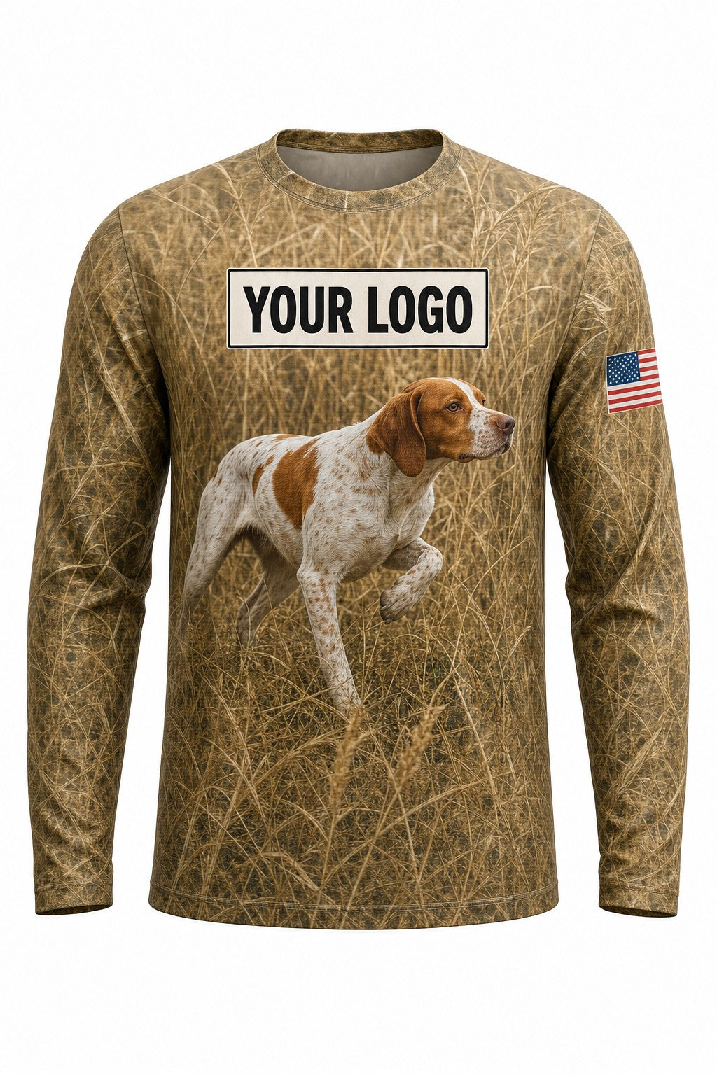 Brittany Spaniel Upland Custom Hunting Team Uniform - front view, custom company logo all-over-print uniform