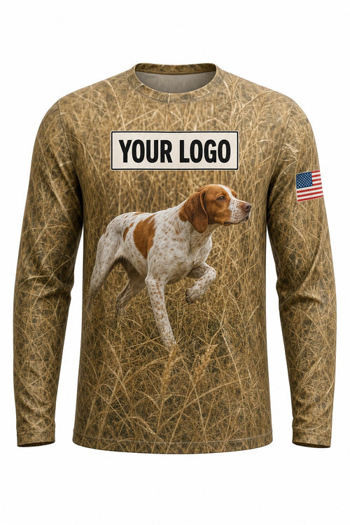Brittany Spaniel Upland Custom Hunting Team Uniform - front view, custom company logo all-over-print uniform
