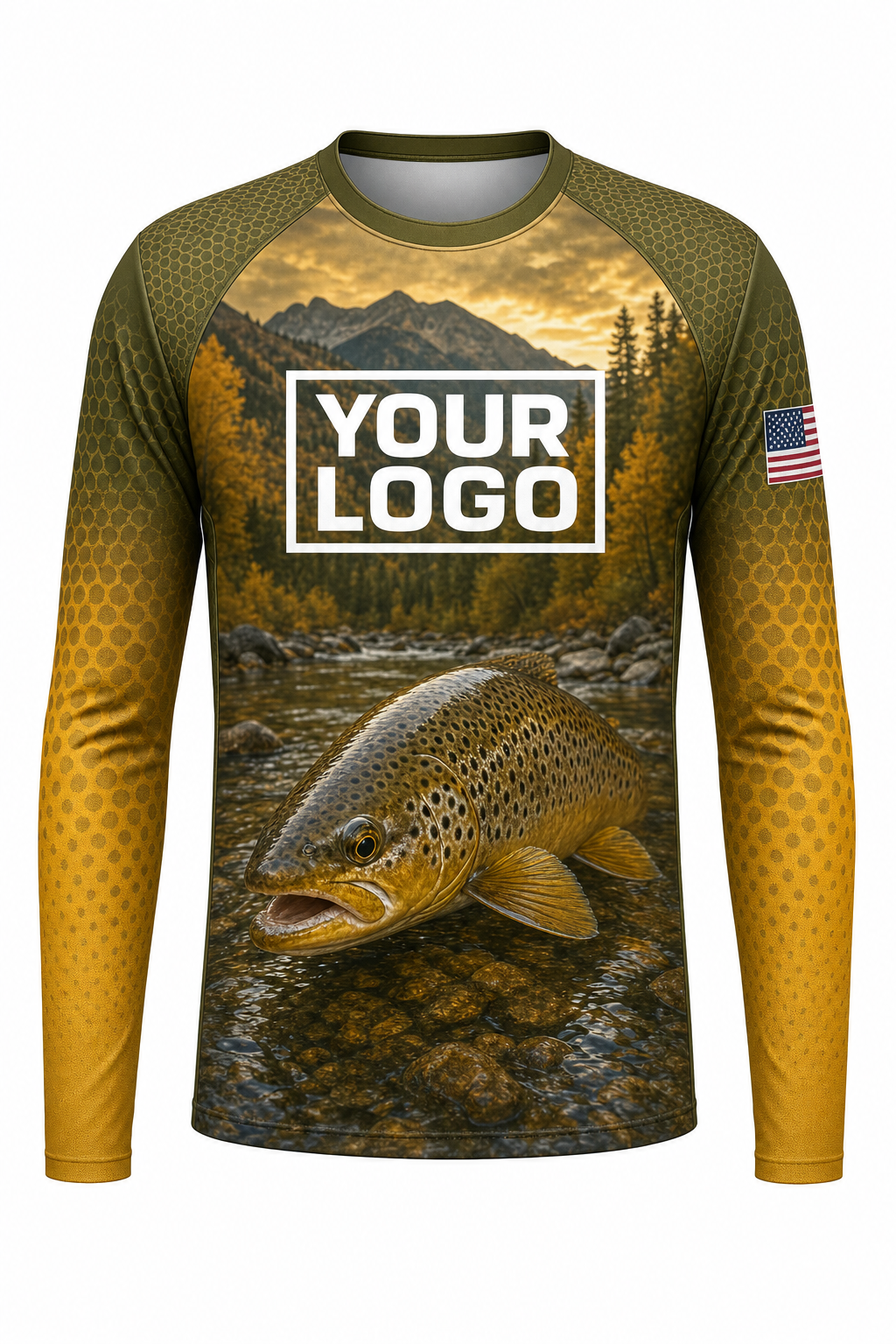 Brown Trout Fishing Charter Crew Uniform - Gold Hex - custom company logo all-over-print uniform